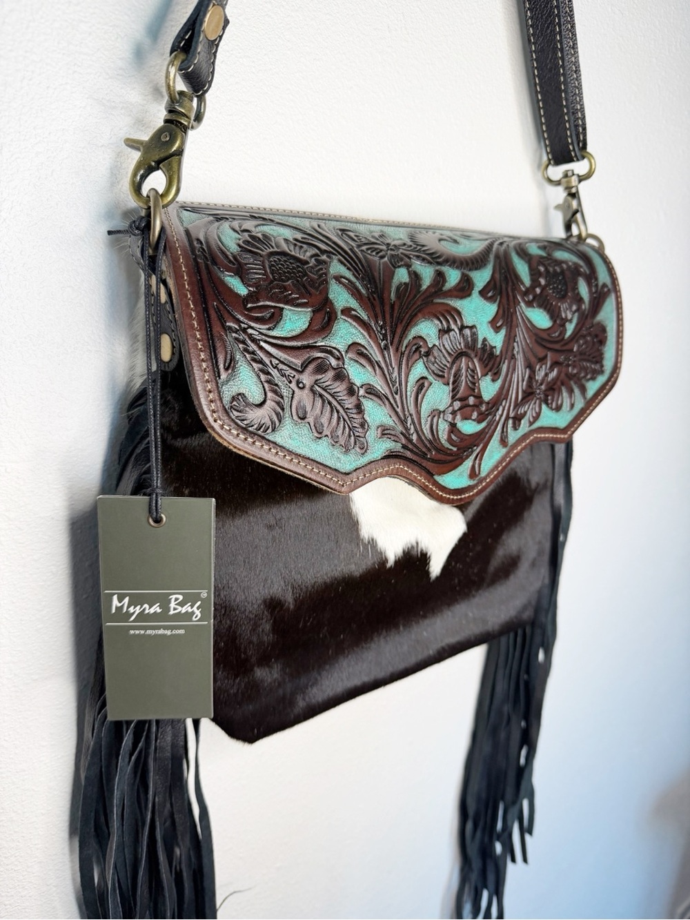 Myra Bag Black Hair-on Hide Crossbody with Turquoise Tooled Flap - Picture 5 of 11